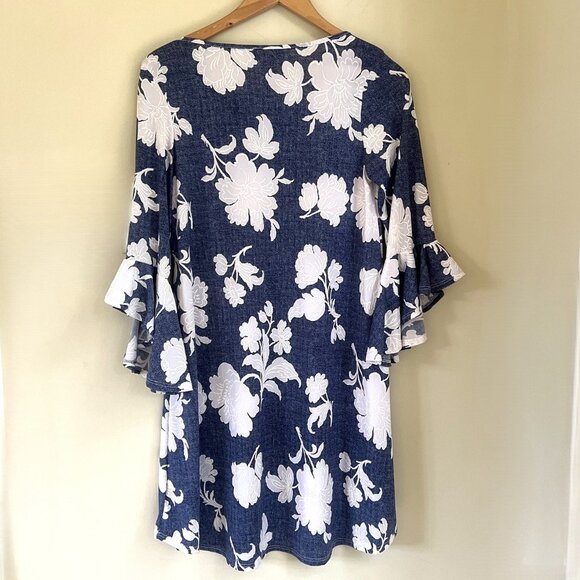 SJS Floral Shift Dress with Flounce Sleeves, Chambray Blue/White, Size M - Picture 2 of 7